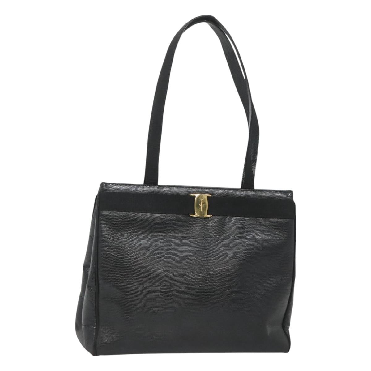 Salvatore Ferragamo Vintage Vara Bow Tote Lizard Embossed Leather, BLACK, LEATHER, Tote bag
