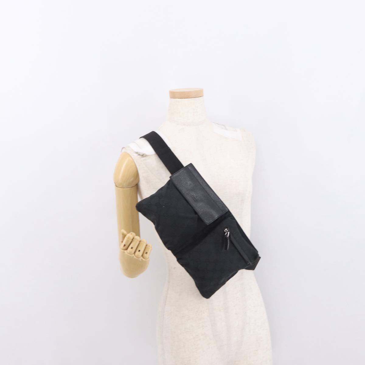 Gucci Vintage Double Belt Bag GG Canvas with Leather, BLACK, CANVAS, Clutche & pouche