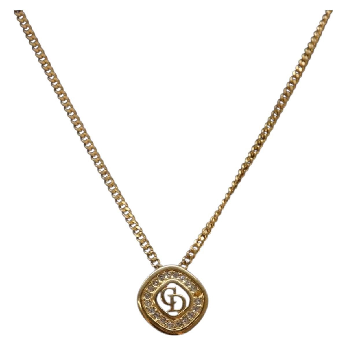 Christian Dior CD Round Pendant Necklace Metal and Crystals, GOLD, METAL, Necklace
