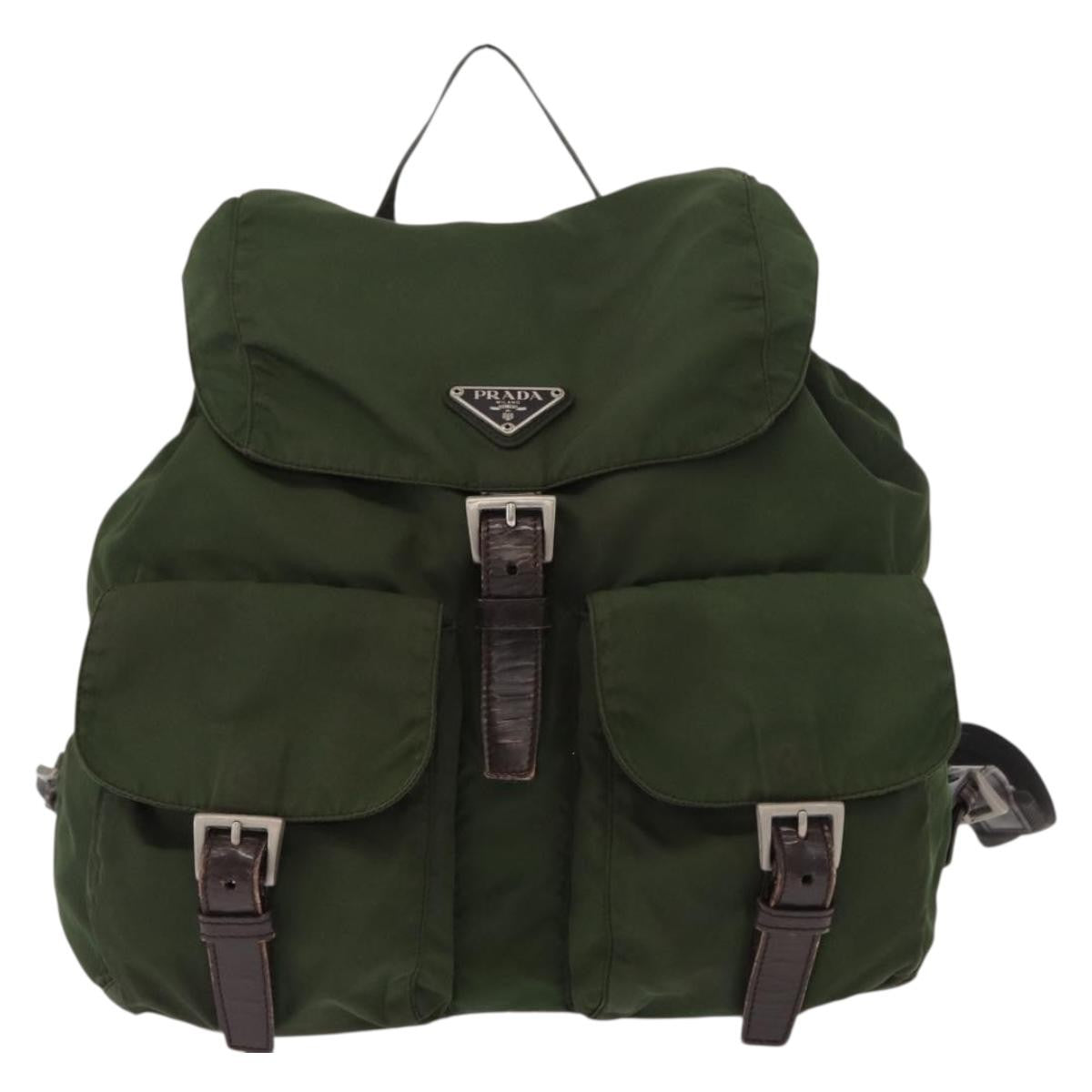 Prada Double Front Pocket Backpack Tessuto, Khaki, Nylon, Backpack