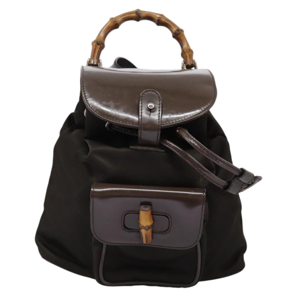 Gucci Vintage Bamboo Backpack Nylon and Patent Leather, BROWN, NYLON, Backpack