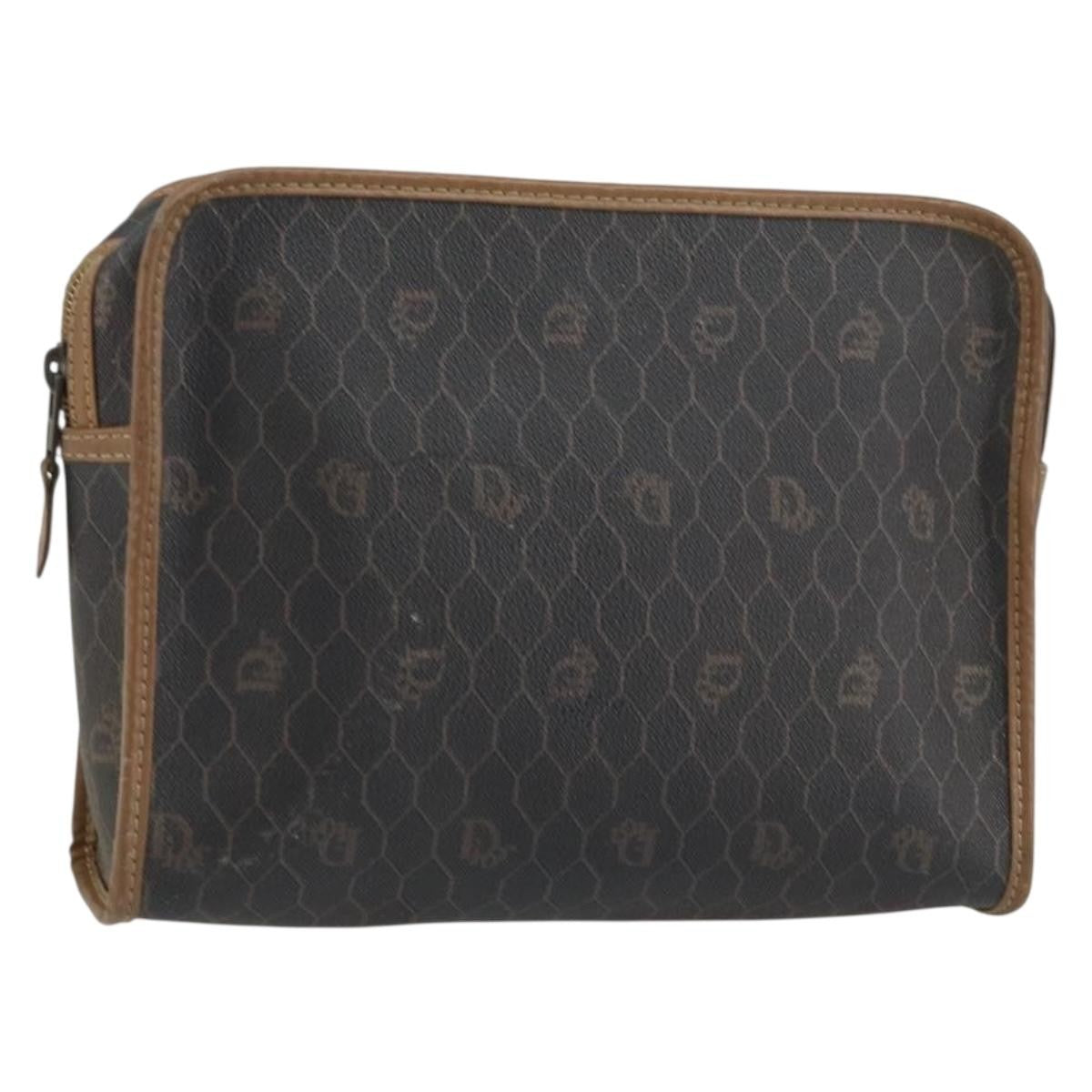 Christian Dior Vintage Honeycomb Zip Pouch Canvas and Leather, BLACK, CANVAS, Clutche & pouche