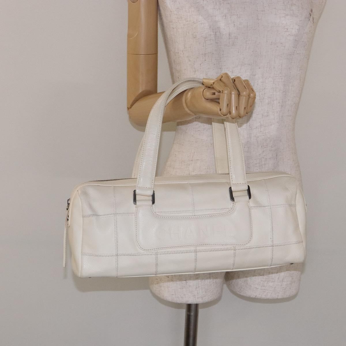 Chanel Square Stitch Duffle Bag Quilted Caviar, WHITE, LEATHER, Travel bag