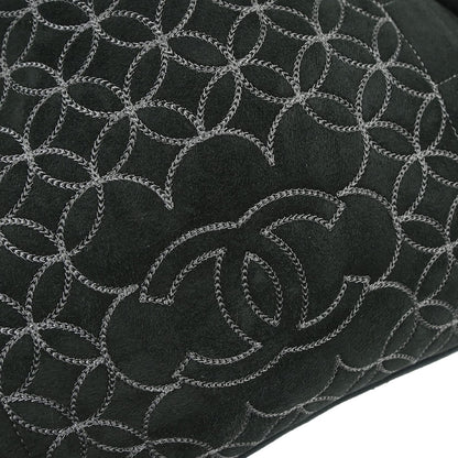 Chanel Vintage Embroidered CC Chain Tote Quilted Suede and Shearling, Black, Suede, Tote Bag