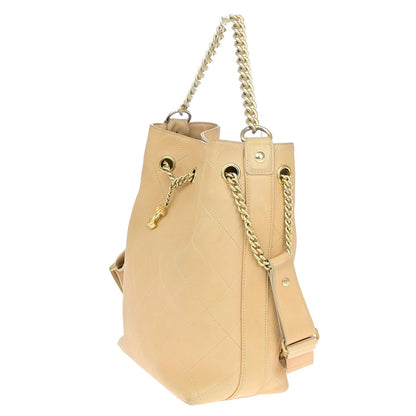 Chanel On My Shoulder Drawstring Bag Quilted Calfskin, BEIGE, LEATHER, Shoulder bag