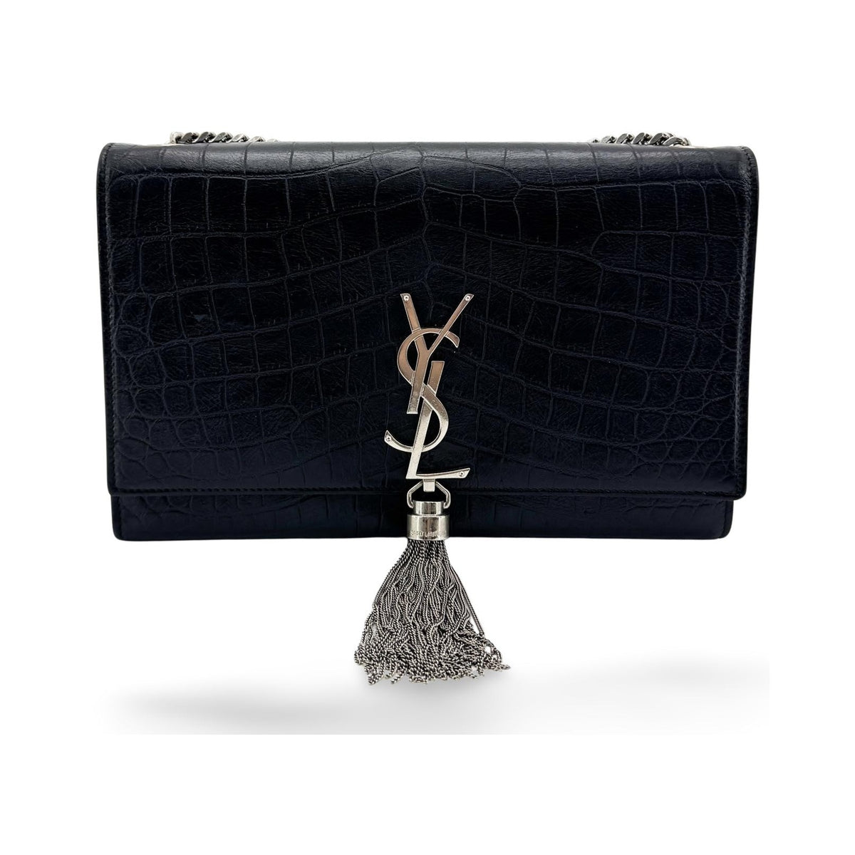 Saint Laurent Classic Monogram Tassel Crocodile Embossed Leather, Black, Leather, Crossbody Bag