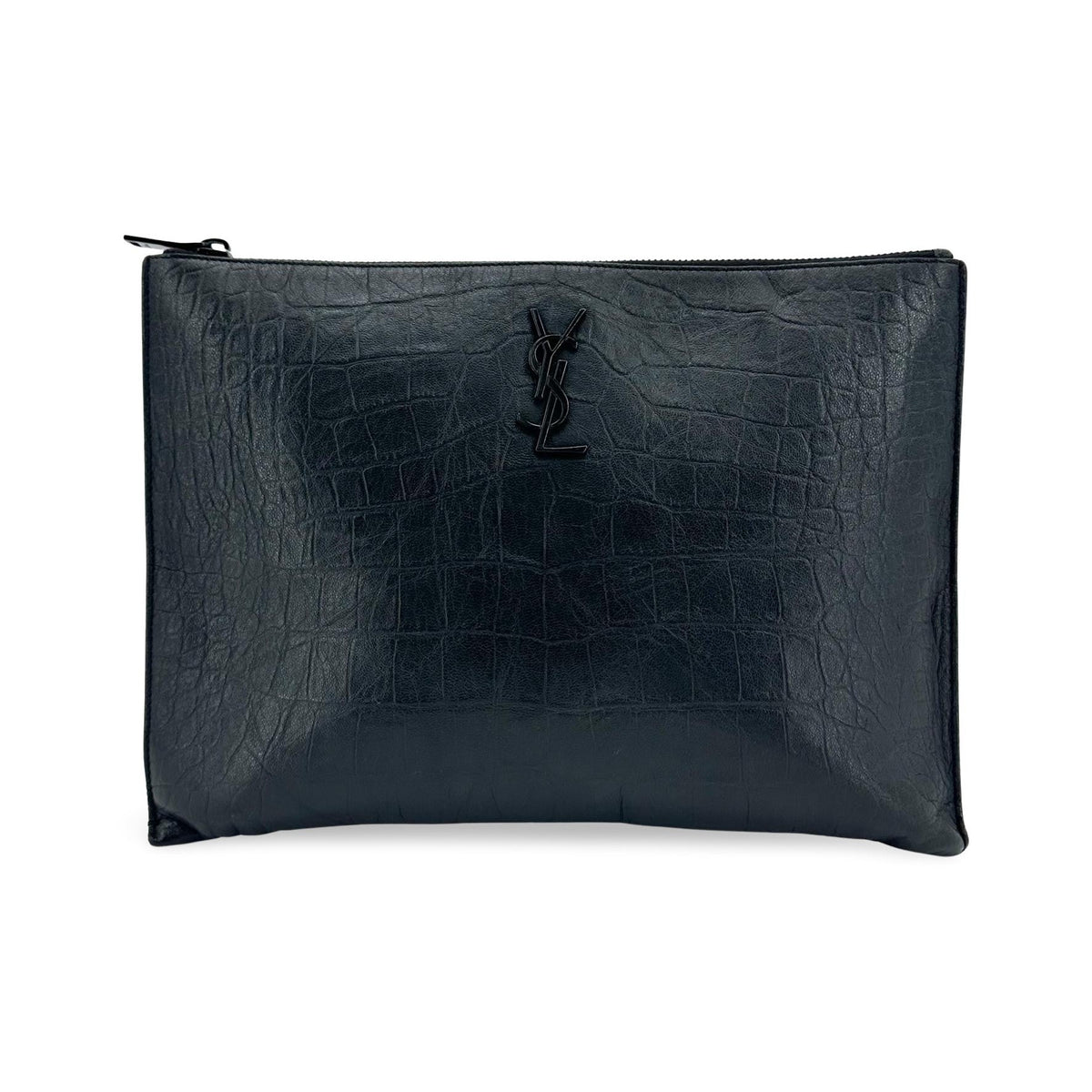 Saint Laurent Classic Monogram Zip Crocodile Embossed Leather, Black, Leather, Clutch