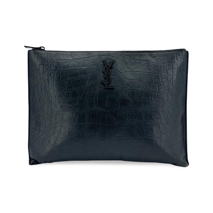 Saint Laurent Classic Monogram Zip Crocodile Embossed Leather, Black, Leather, Clutch
