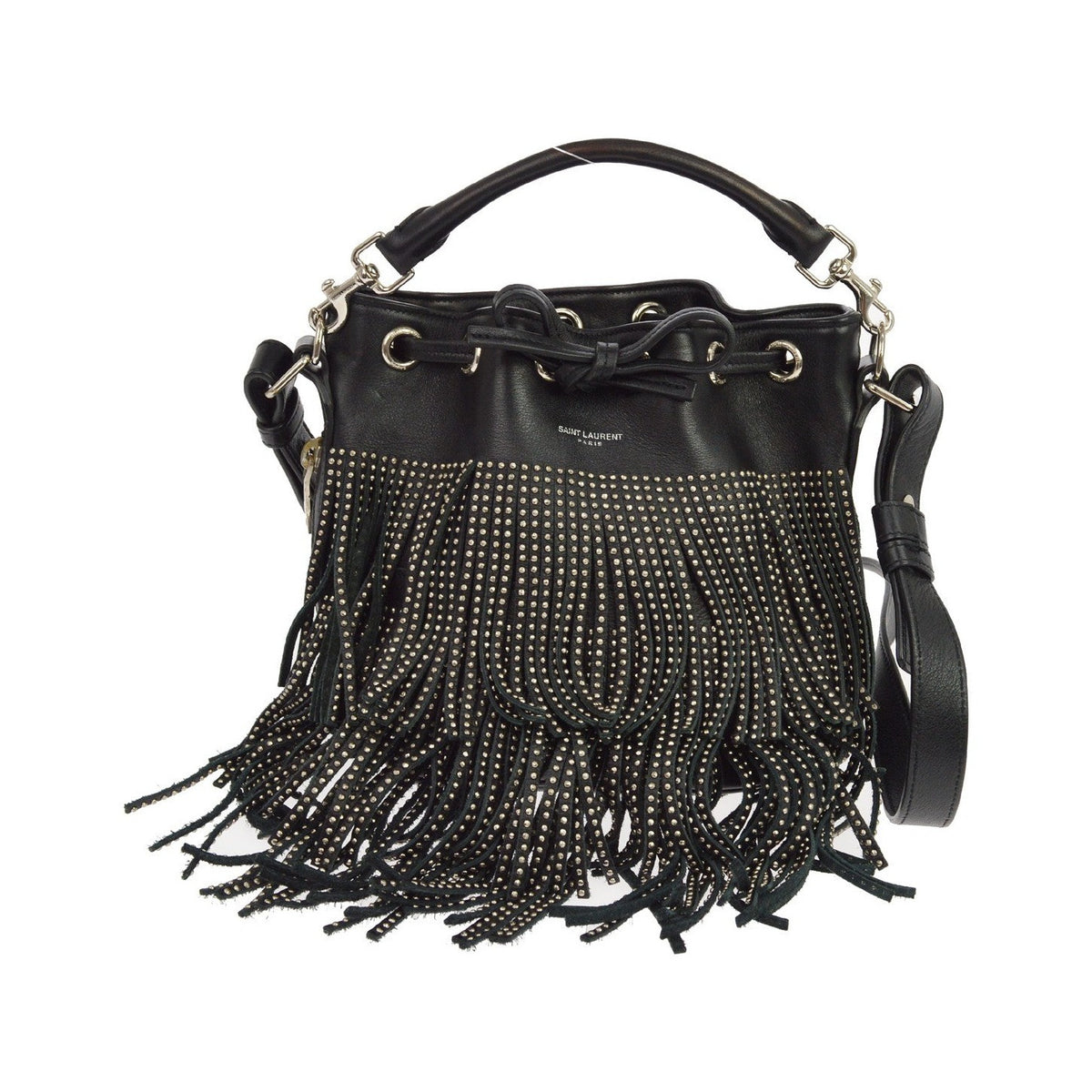 Saint Laurent Fringe Emmanuelle Bucket Studded Leather, Black, Leather, Handbag
