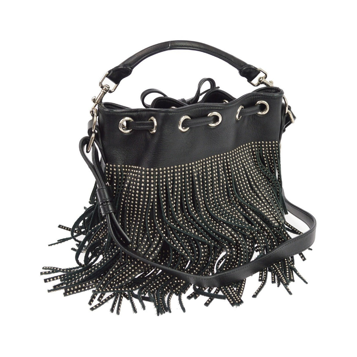 Saint Laurent Fringe Emmanuelle Bucket Studded Leather, Black, Leather, Handbag