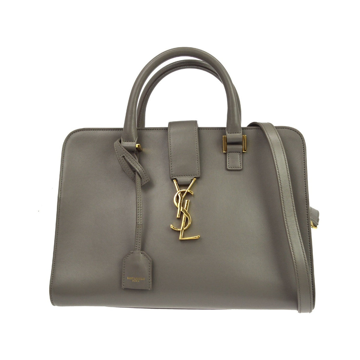 Saint Laurent Monogram Cabas Leather, Gray, Leather, Tote Bag