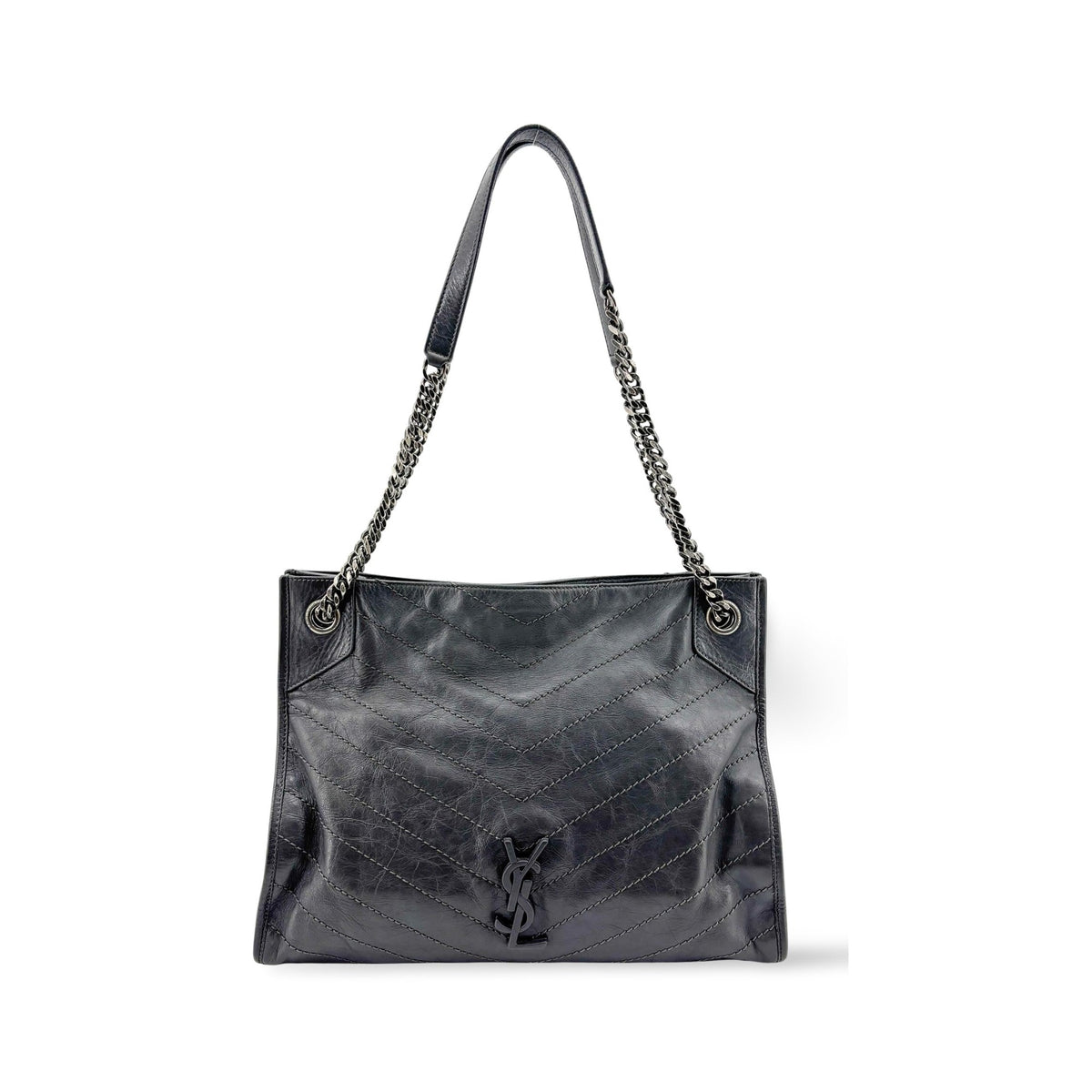Saint Laurent Niki Shopping Matelasse Chevron Leather, Gray, Leather, Tote Bag