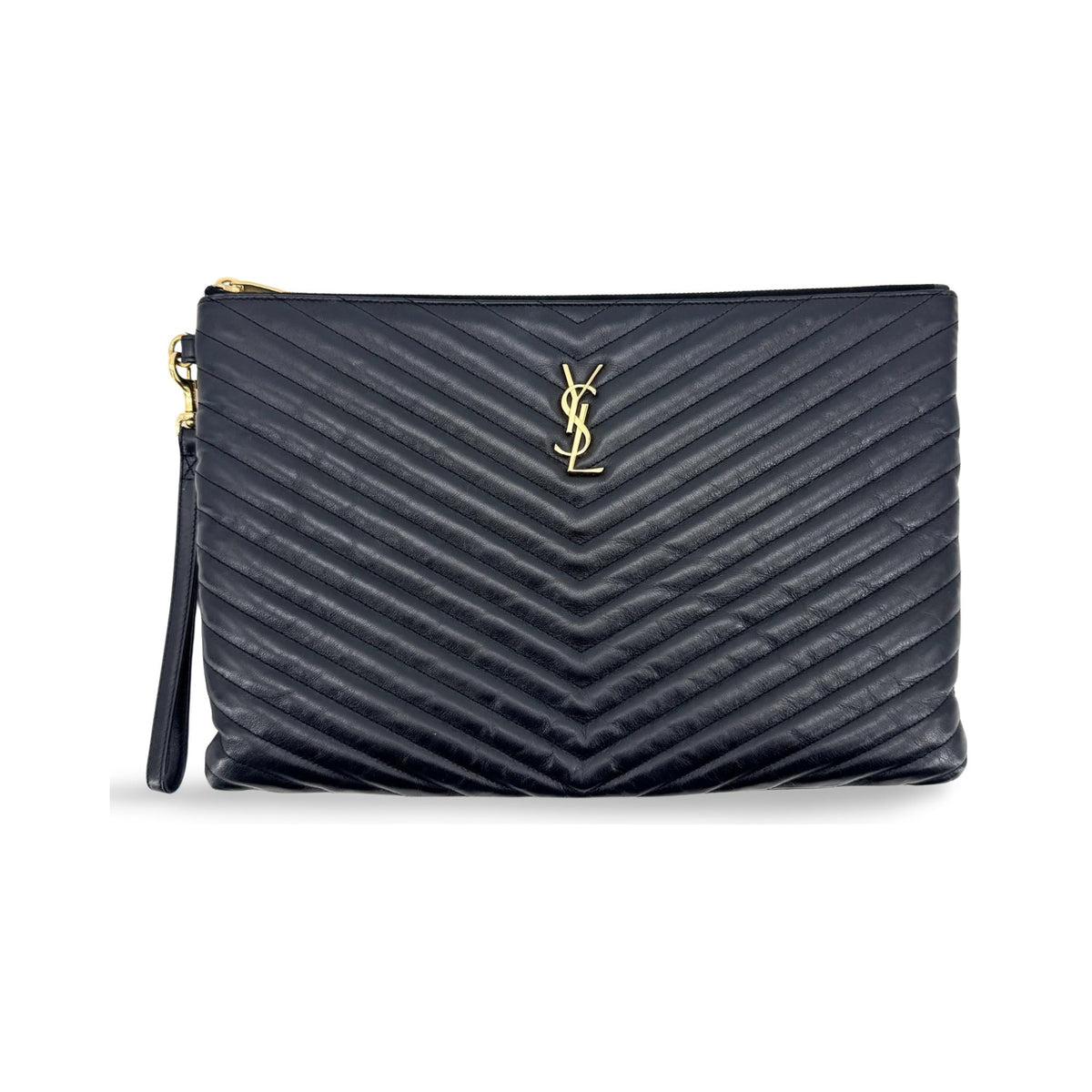 Saint Laurent Puffy Zip Patent, Black, Leather, Clutch