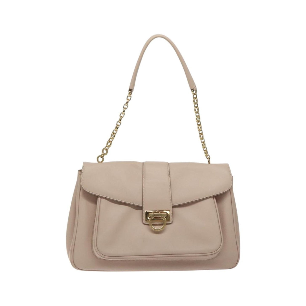 Salvatore Ferragamo Chain Gancini Jacquard with Studded Leather, Beige, Leather, Shoulder Bag