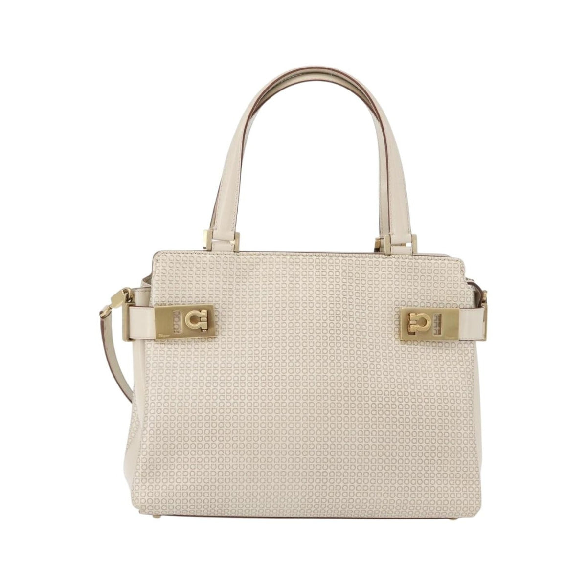 Salvatore Ferragamo Double Gancini Side Buckle Tote Leather, Beige, Leather, Handbag