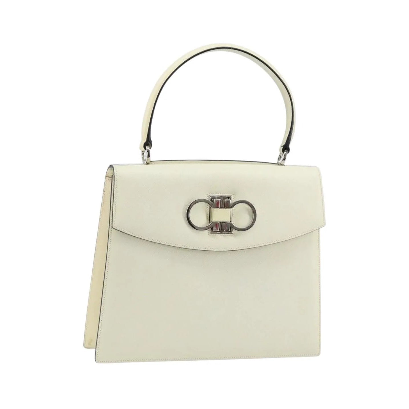 Salvatore Ferragamo Double Gancini Top Handle Saffiano Leather, White, Leather, Handbag