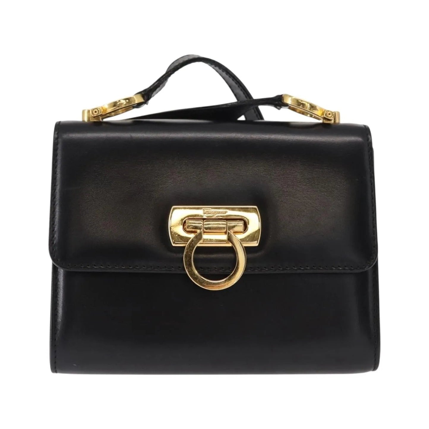 Salvatore Ferragamo Gancini Flap Leather, Black, Leather, Shoulder Bag
