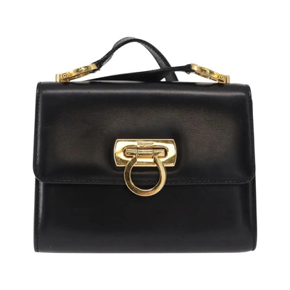 Salvatore Ferragamo Gancini Flap Leather, Black, Leather, Shoulder Bag
