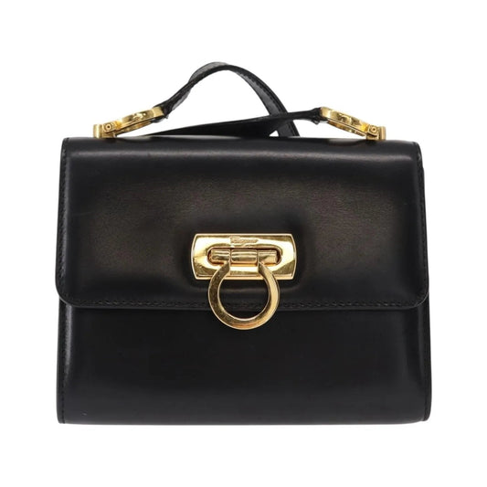 Salvatore Ferragamo Gancini Flap Leather, Black, Leather, Shoulder Bag