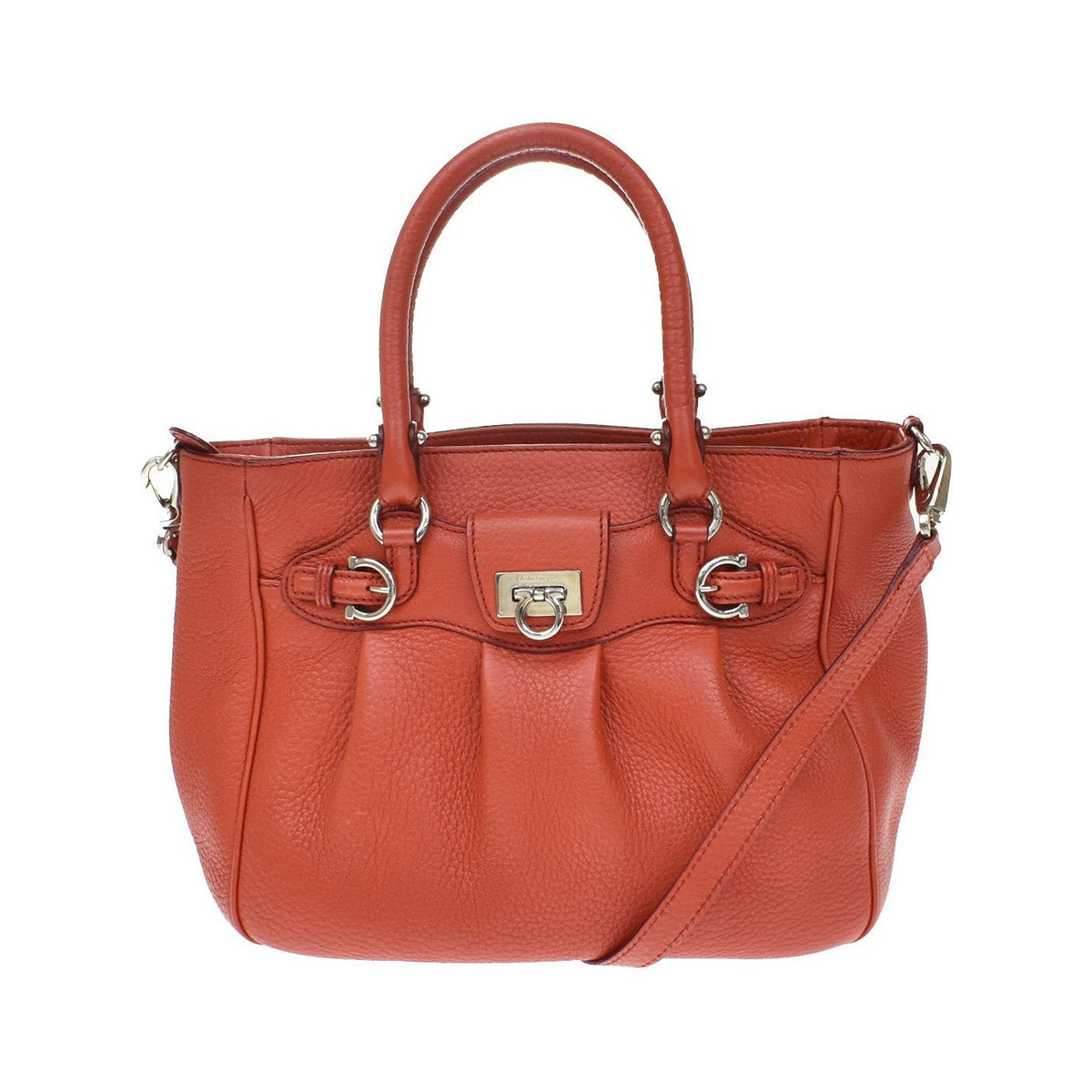 Salvatore Ferragamo Gancini Handle Leather, Orange, Leather, Tote Bag