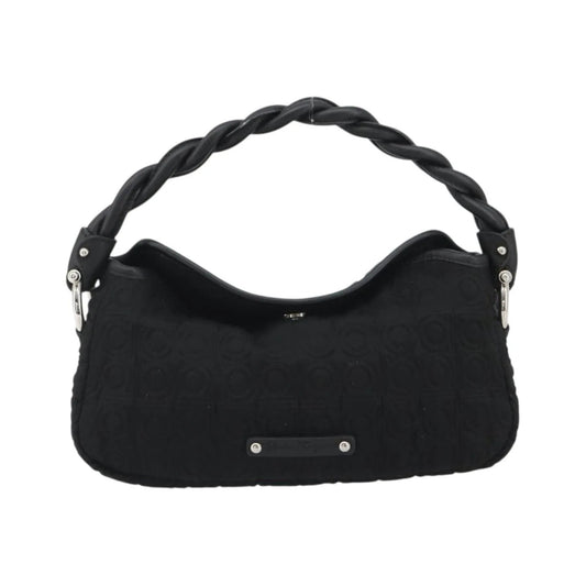 Salvatore Ferragamo Gancini Hobo Leather, Black, Cotton, Handbag