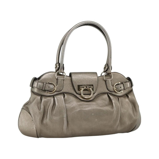 Salvatore Ferragamo Gancini Leather, Silver, Leather, Handbag