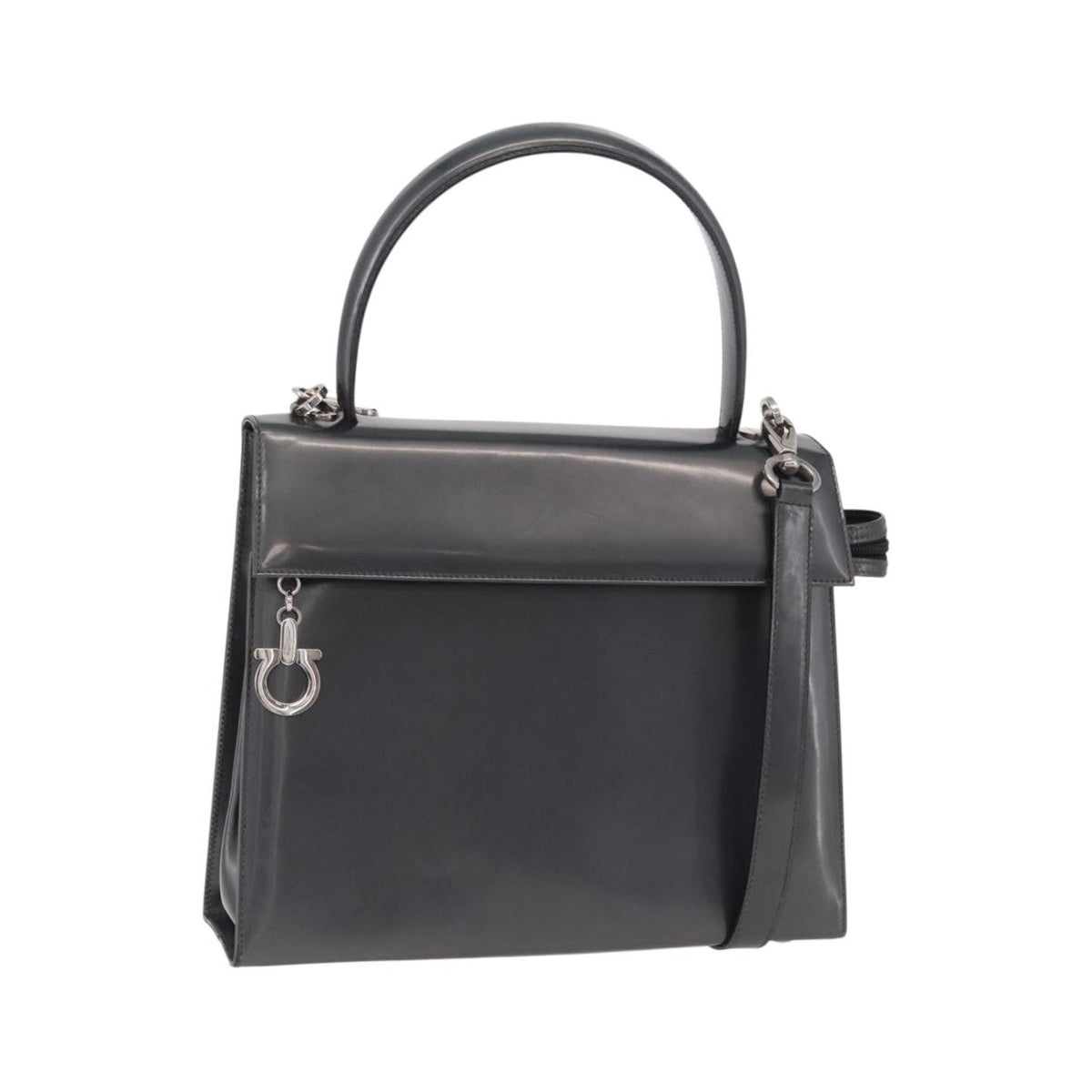Salvatore Ferragamo Gancini Leather, Gray, Patent Leather, Handbag