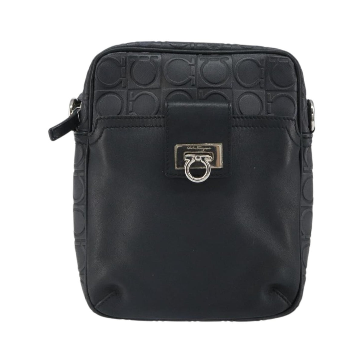 Salvatore Ferragamo Gancini Leather, Black, Leather, Shoulder Bag