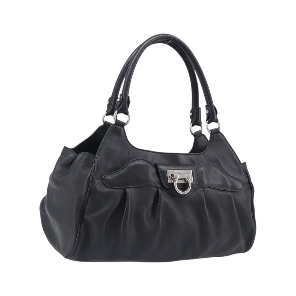 Salvatore Ferragamo Gancini Leather, Black, Leather, Handbag