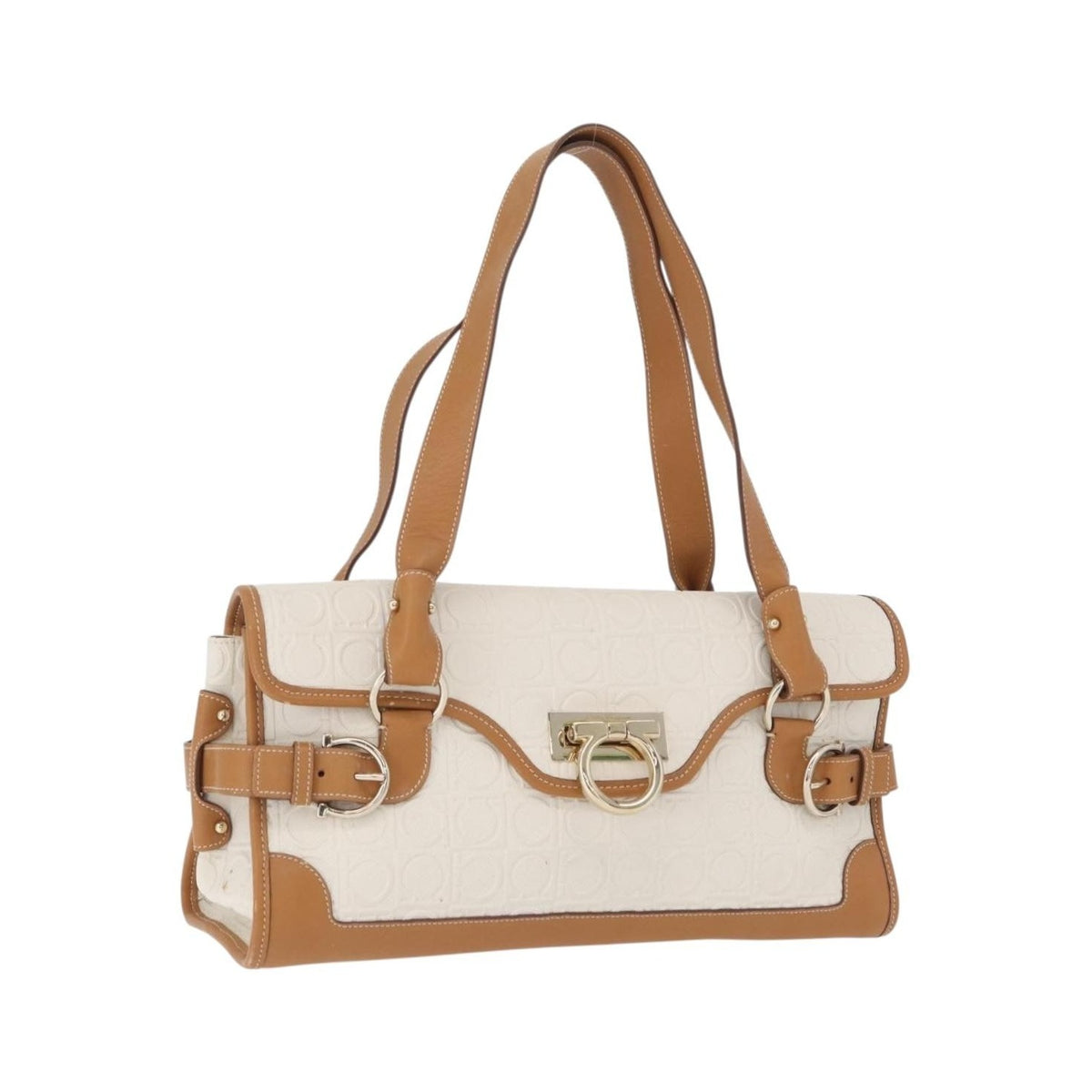 Salvatore Ferragamo Gancini Top Handle Canvas, White, PVC, Handbag