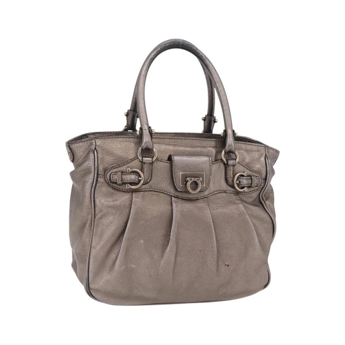 Salvatore Ferragamo Gancini Top Handle Leather, Silver, Leather, Handbag