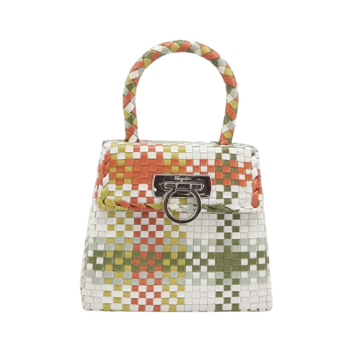 Salvatore Ferragamo Gancini Top Handle Woven Leather, Multicolour, Leather, Handbag
