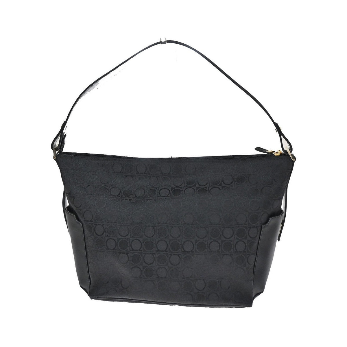 Salvatore Ferragamo Gancini Zip Leather, Black, Canvas, Tote Bag