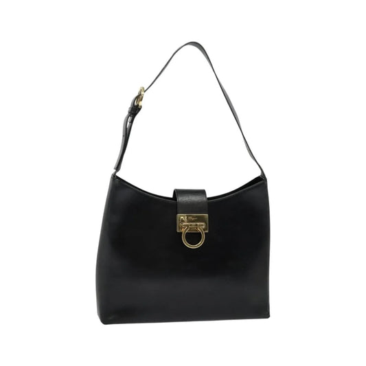 Salvatore Ferragamo Gancio Flap Hobo Leather, Black, Leather, Shoulder Bag