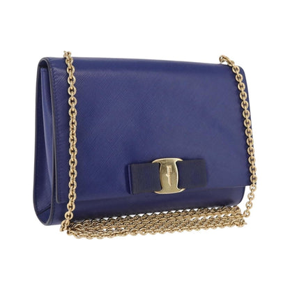 Salvatore Ferragamo Vala Chain Leather, Blue, Leather, Shoulder Bag