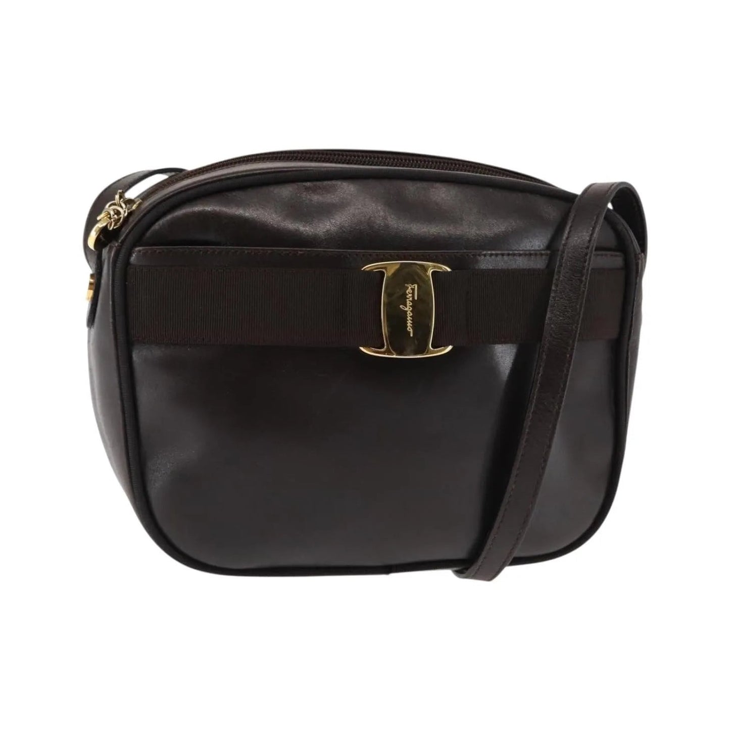 Salvatore Ferragamo Vara Bow camera Leather, Brown, Leather, Shoulder Bag
