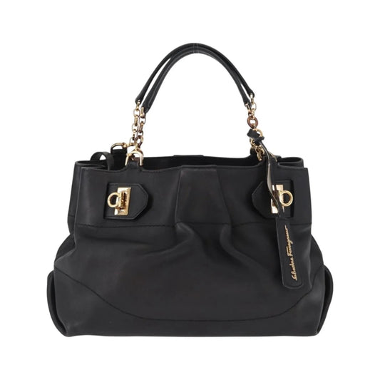Salvatore Ferragamo W Chain Tote Leather, Black, Leather, Handbag