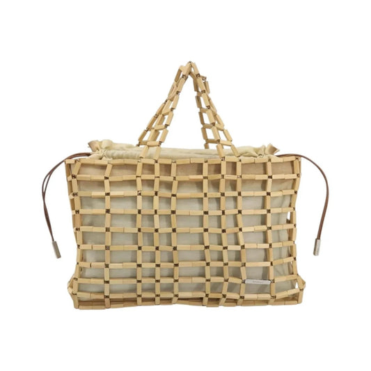 Salvatore Ferragamo Wood Mesh Drawstring canvas, Beige, Canvas, Handbag