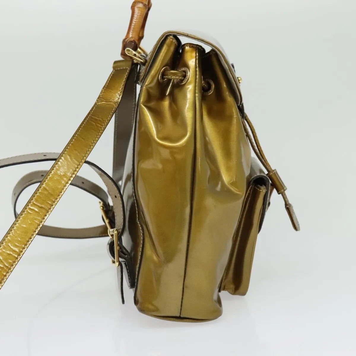 Gucci Vintage Bamboo Patent, Gold, Patent Leather, Backpack