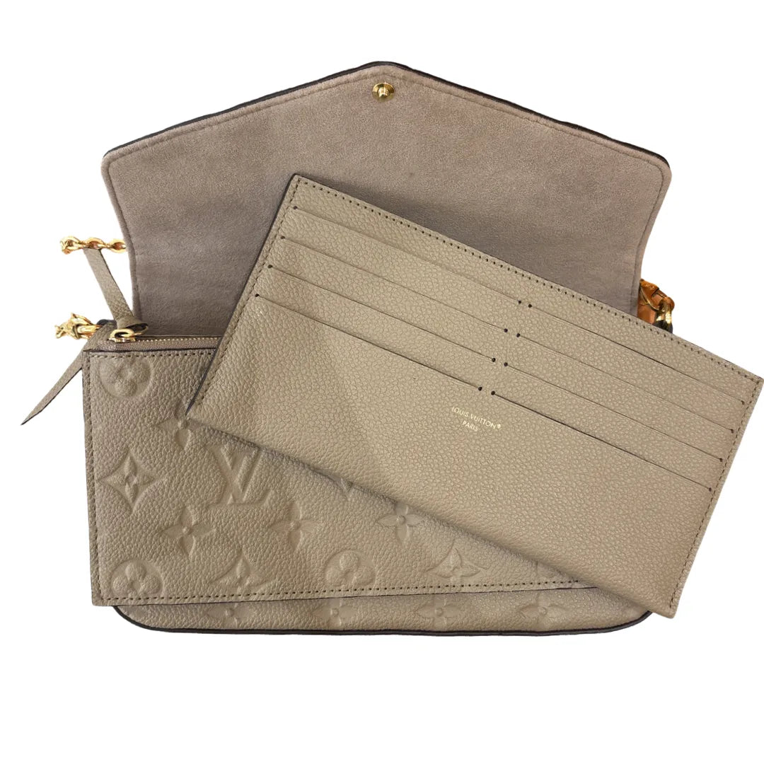 Louis Vuitton Felicie Chain Metallic Monogram Vernis, Beige, Calfskin, Clutch