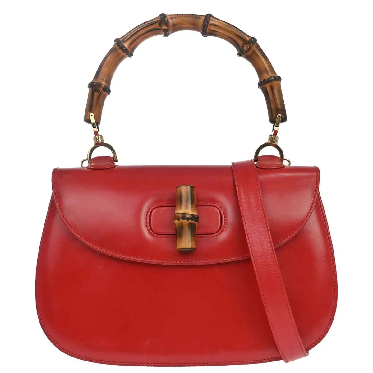 Gucci Vintage Convertible Bamboo Top Handle Leather, Red, Leather, Handbag