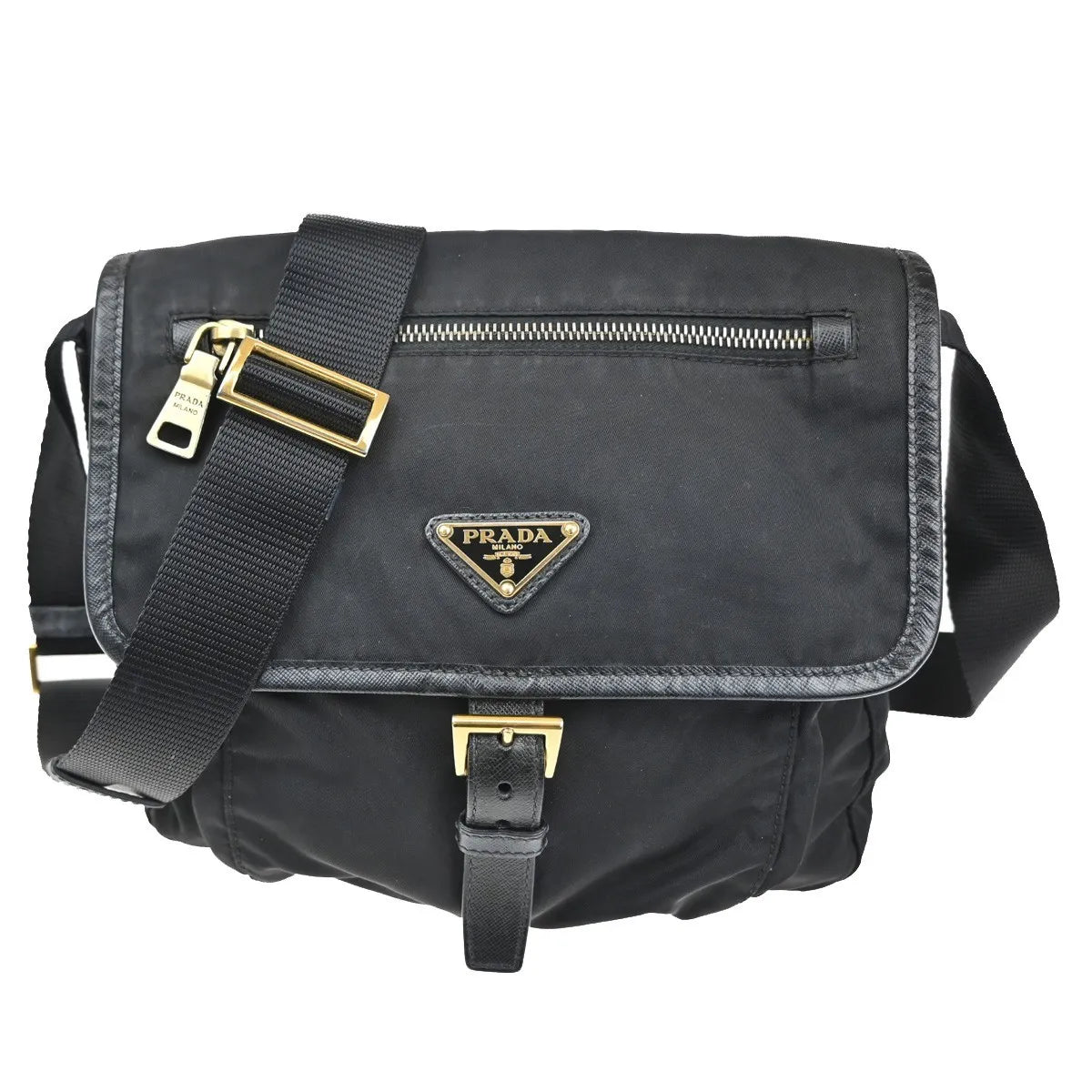 Prada Buckle Messenger Tessuto, Black, Nylon, Shoulder Bag