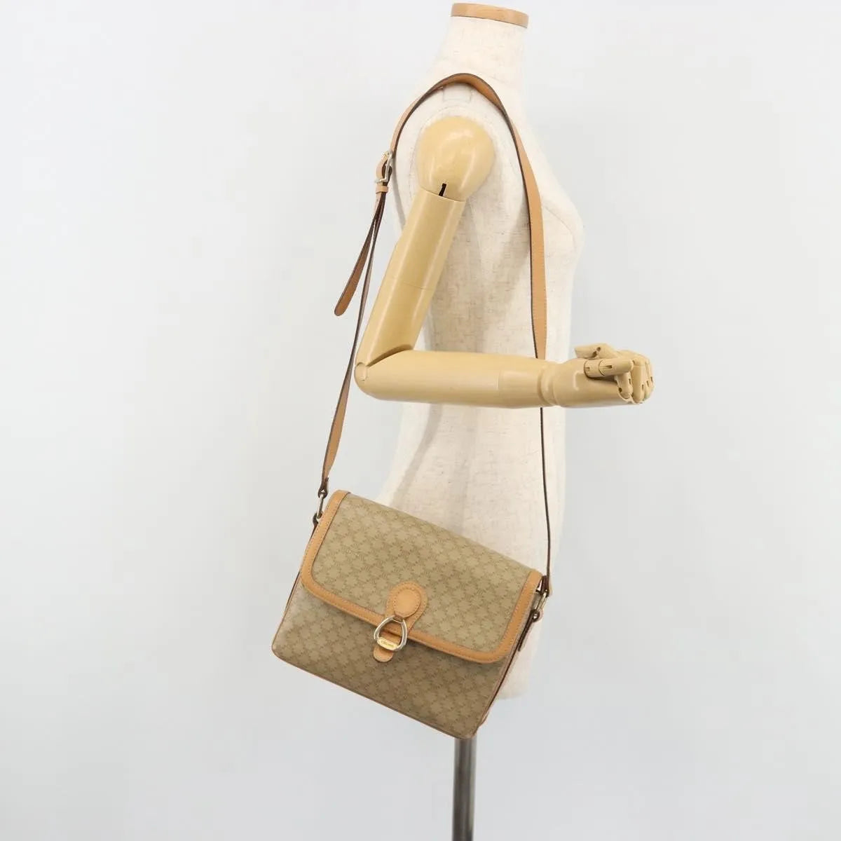 Celine Vintage Macadam Canvas and Leather, Beige, Canvas, Shoulder Bag