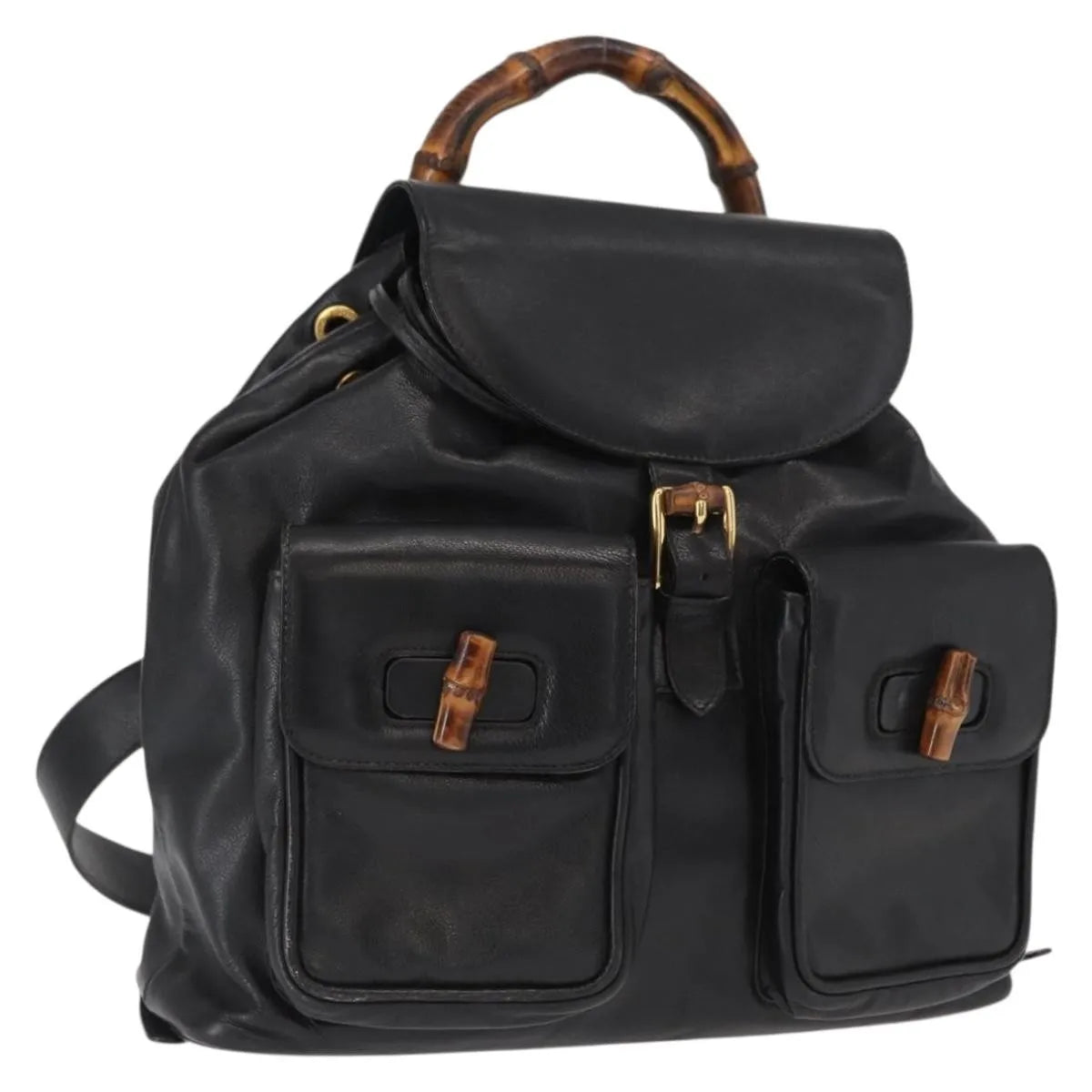 Gucci Vintage Bamboo Leather, Black, Leather, Backpack