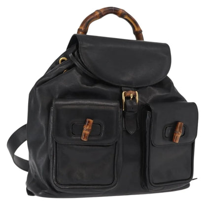 Gucci Vintage Bamboo Leather, Black, Leather, Backpack
