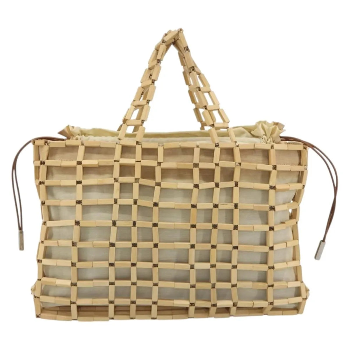 Salvatore Ferragamo Wood Mesh Drawstring canvas, Beige, Canvas, Handbag