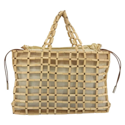 Salvatore Ferragamo Wood Mesh Drawstring canvas, Beige, Canvas, Handbag