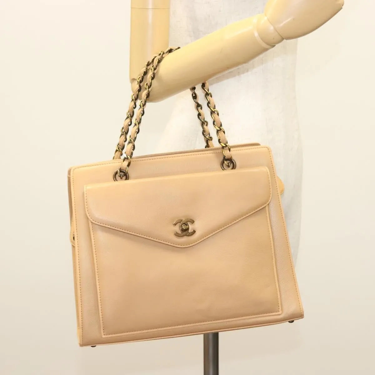 Chanel Vintage Front Pocket Tote Quilted Leather, Beige, Leather, Tote Bag