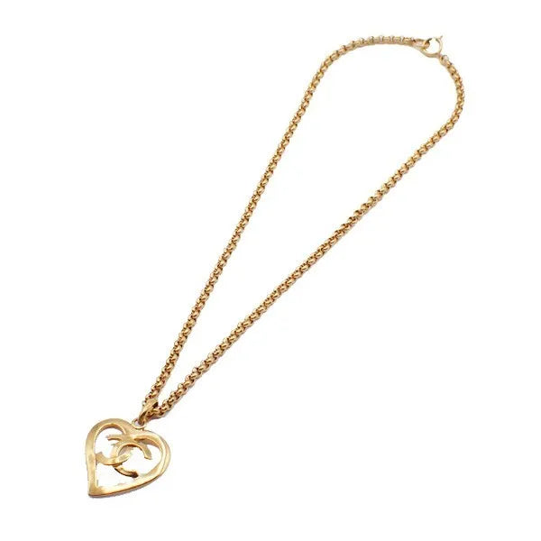 Chanel Vintage CC Heart Pendant Long Metal, Gold, Gold Plated, Necklace