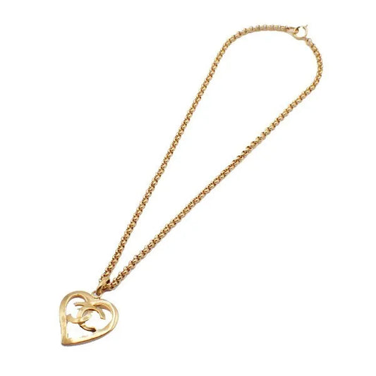 Chanel Vintage CC Heart Pendant Long Metal, Gold, Gold Plated, Necklace